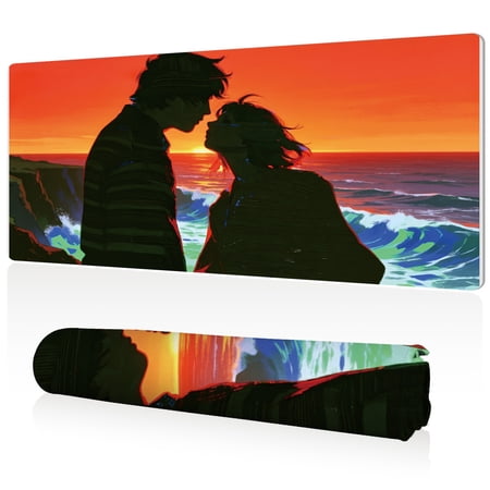 LIVEKEY Couple Silhouette Mouse Pad 80x40x0.3cm Sunset Seaside Romantic Scene Extra Large Full Desk Coverage Non Slip Durable Easy Clean Stitched Edges for Gaming and Office
