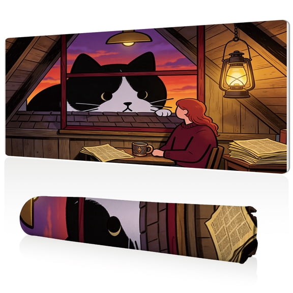 LIVEKEY Cozy Attic Window Mouse Pad 80x40x0.3cm Extra Large Full Desk Coverage Non Slip Durable Easy Clean Stitched Edges for Gaming and Office with Cat and Lamplight Scene