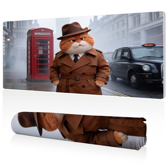 LIVEKEY Detective Cat Mouse Pad 80x40x0.3cm London Street Scene Extra Large Full Desk Coverage Non Slip Surface Durable Easy Clean Stitched Edges for Gaming Office