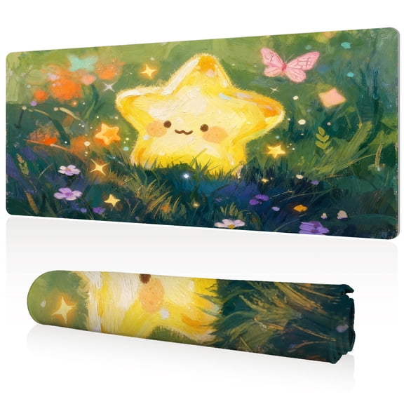 LIVEKEY Extra Large Gaming Mouse Pad 80x40x0.3cm Full Desk Coverage Cartoon Star in Flower Field Art Durable Easy Clean Non Slip Sewn Edges