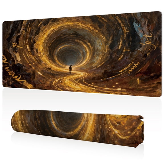 LIVEKEY Extra Large Gaming Mouse Pad 80x40x0.3cm with Golden Vortex Tunnel and Stylized Text Art Durable Easy Clean Non Slip Sewn Edges