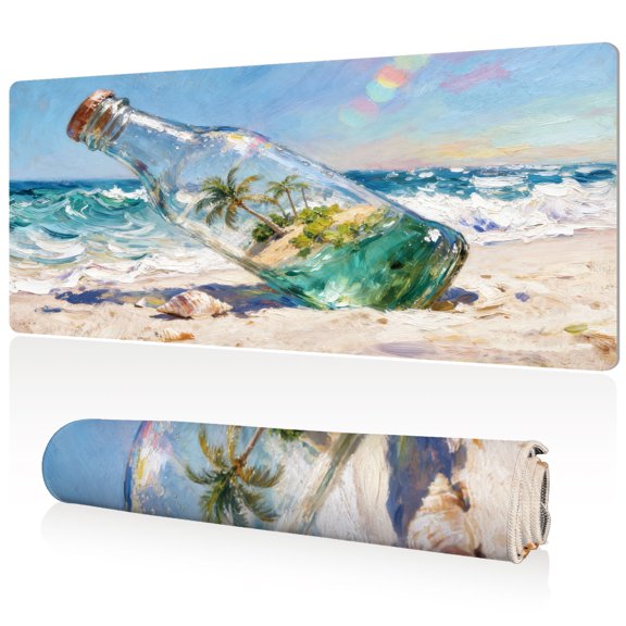 LIVEKEY Extra Large Mouse Pad 80x40cm Full Desk Coverage Drift Bottle Island Beach Art Durable Easy Clean Non Slip