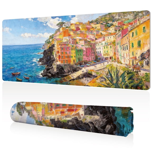 LIVEKEY Extra Large Mouse Pad 80x40cm with Vivid Coastal Village Art Full Desk Coverage Durable Stitched Edges Non Slip for Gaming Office