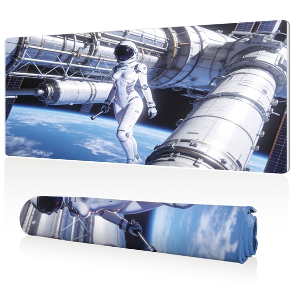 LIVEKEY Extra Large Mouse Pad 80x40x0.3cm Astronaut Spacewalk at Space Station with Earth View Full Desk Coverage Non-Slip Base Durable & Easy to Clean Stitched Edges for Gaming and Office