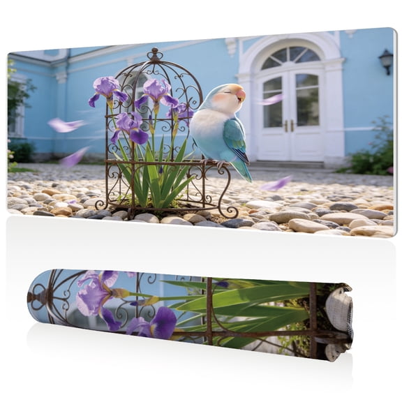 LIVEKEY Extra Large Mouse Pad 80x40x0.3cm Bird on Iris Flower Stand with Blue White House Design Full Desk Coverage Non Slip Durable Easy Clean Stitched Edges for Gaming and Office