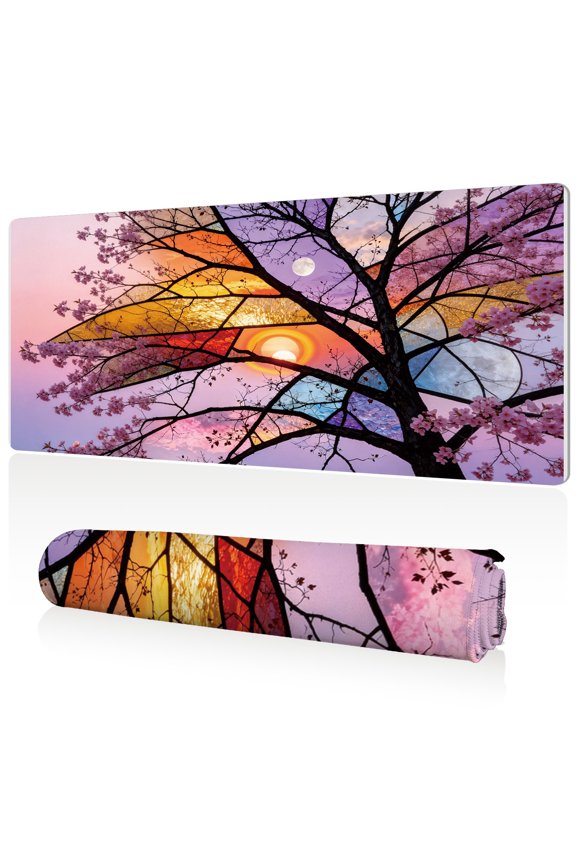 Extra Large Mouse Pad 80x40x0.3cm Cherry Blossom Tree with Colorful Sunset Moon Sun Sky Design Non Slip Full Desk Coverage Durable Easy Clean Stitched Edges for Gaming Office