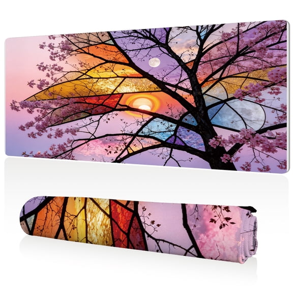 LIVEKEY Extra Large Mouse Pad 80x40x0.3cm Cherry Blossom Tree with Colorful Sunset Moon Sun Sky Design Non Slip Full Desk Coverage Durable Easy Clean Stitched Edges for Gaming Office