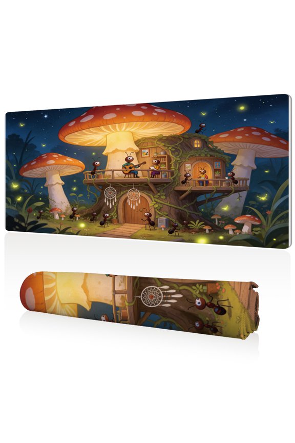 Extra Large Mouse Pad 80x40x0.3cm Enchanted Mushroom House Design Full Desk Coverage Non Slip Durable Easy Clean Stitched Edges for Gaming and Office