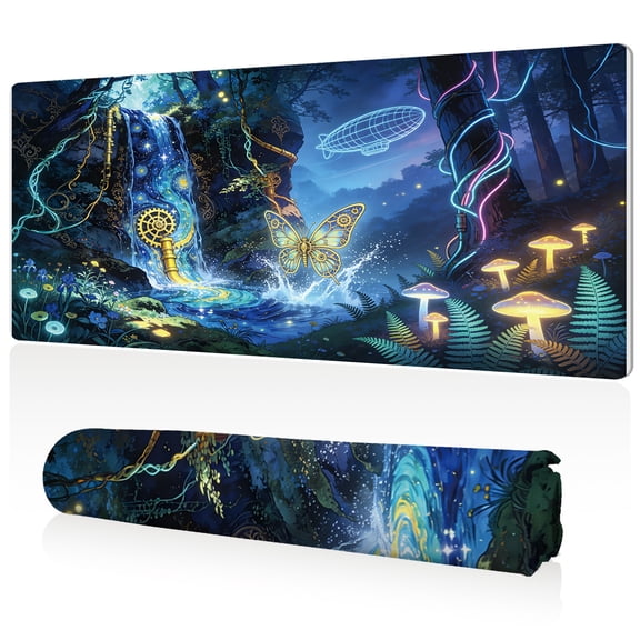 LIVEKEY Extra Large Mouse Pad 80x40x0.3cm Fantasy Gear Forest with Waterfall and Airship Non Slip Full Coverage Durable Easy Clean Stitched Edges for Gaming Office