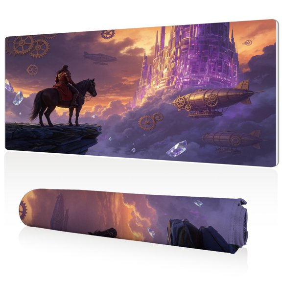 LIVEKEY Extra Large Mouse Pad 80x40x0.3cm Fantasy Knight Horseback Floating Castle Gears and Airships Design Full Desk Coverage Non Slip Durable Easy Clean Stitched Edges for Gaming and Office