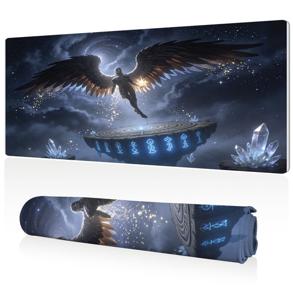 LIVEKEY Extra Large Mouse Pad 80x40x0.3cm Floating Platform Angel with Stars and Crystals Design Full Desk Coverage Non Slip Durable Easy Clean Stitched Edges for Gaming and Office