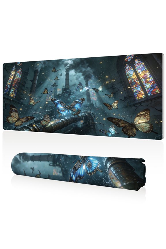Extra Large Mouse Pad 80x40x0.3cm Mechanical Butterfly in Industrial Ruin Design Full Desk Coverage Non Slip Base Durable Easy Clean Stitched Edges for Gaming and Office