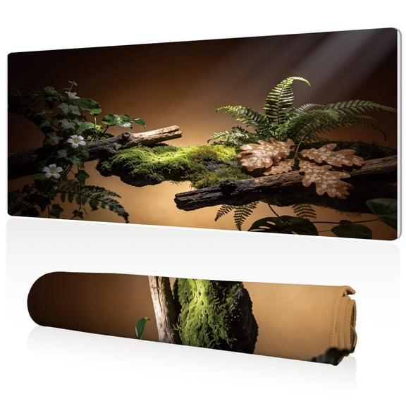 LIVEKEY Extra Large Mouse Pad 80x40x0.3cm Moss Covered Fern Branch with White Flowers Nature Design Full Desk Coverage Non Slip Surface Durable Easy Clean Stitched Edges for Gaming and Office