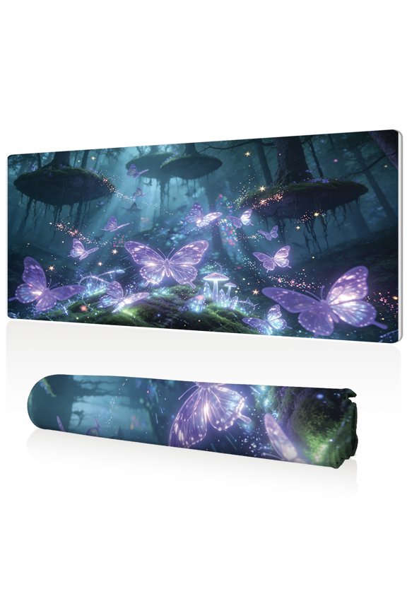 Extra Large Mouse Pad 80x40x0.3cm Mystical Purple Butterflies in Glowing Forest Design Full Desk Coverage Non Slip Durable Easy Clean Stitched Edges for Gaming and Office