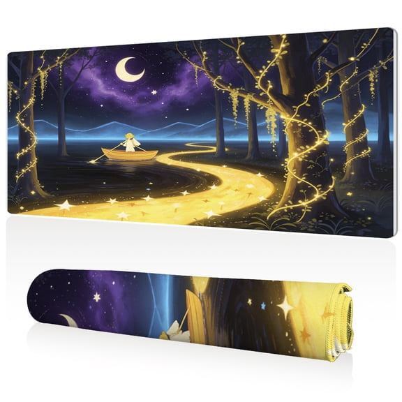 LIVEKEY Extra Large Mouse Pad 80x40x0.3cm Starlit River Night Scene with Rowing Figure Design Full Desk Coverage Durable Easy Clean Non Slip Stitched Edges for Gaming and Office