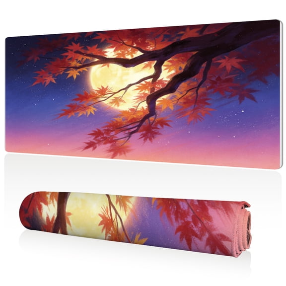 LIVEKEY Extra Large Mouse Pad 80x40x0.3cm Starry Night Maple Tree with Full Moon Design Full Desk Coverage Non Slip Durable Easy Clean Stitched Edges for Gaming Office