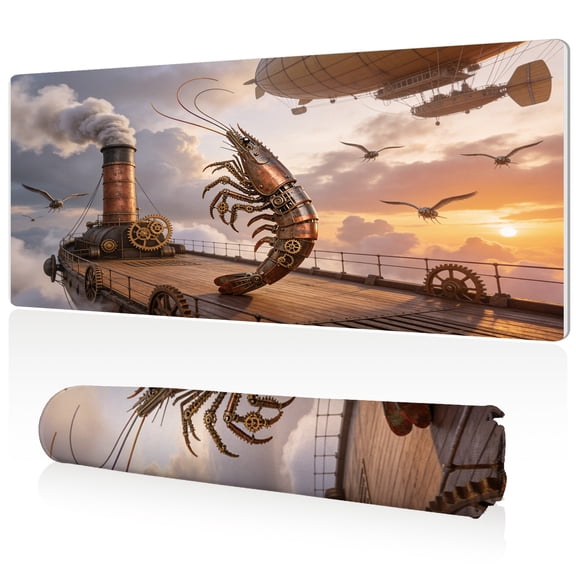 LIVEKEY Extra Large Mouse Pad 80x40x0.3cm Steampunk Mechanical Shrimp with Gears and Airship Design Full Desk Coverage Non Slip Durable Easy Clean Stitched Edges for Gaming and Office