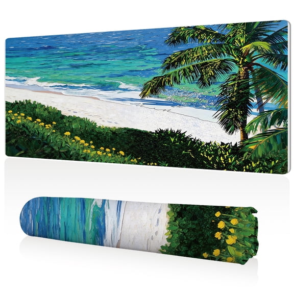 LIVEKEY Extra Large Mouse Pad 80x40x0.3cm Tropical Beach Coconut Tree Design Full Desk Coverage Non Slip Durable Easy Clean Stitched Edges for Gaming and Office