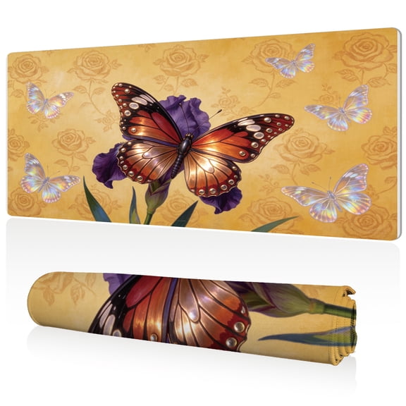 LIVEKEY Extra Large Mouse Pad Colorful Butterfly on Flowers 80x40x0.3cm Full Desk Coverage Non Slip Durable Easy Clean Stitched Edges for Gaming and Office