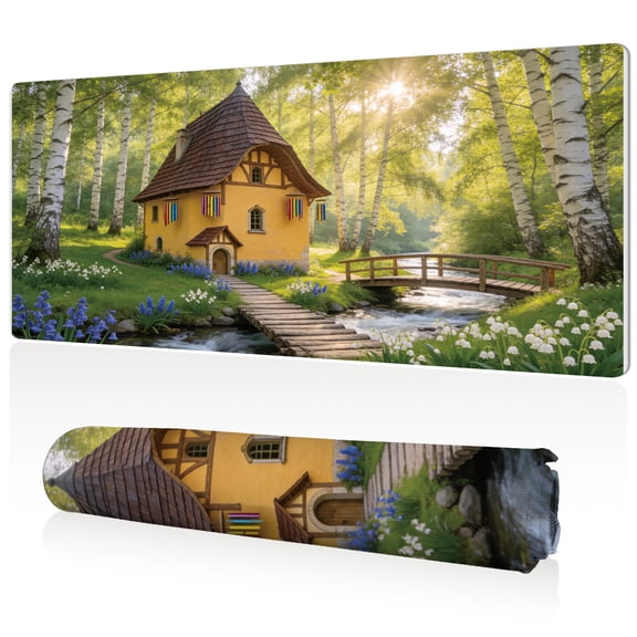 LIVEKEY Extra Large Mouse Pad Enchanted Forest Cottage Scene 80x40x0.3cm Full Desk Coverage Non Slip Surface Durable Easy Clean Stitched Edges for Gaming and Office