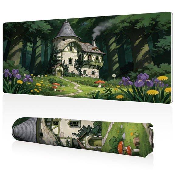 LIVEKEY Extra Large Mouse Pad Enchanted Forest Cottage Scene 80x40x0.3cm Full Desk Coverage Non Slip Surface Durable Easy Clean Stitched Edges for Gaming and Office