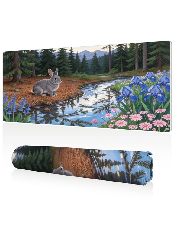 Extra Large Mouse Pad Grey Rabbit in Mountain Forest with Stream and Flowers 80x40x0.3cm Full Desk Coverage Non Slip Durable Easy Clean Stitched Edges for Gaming and Office