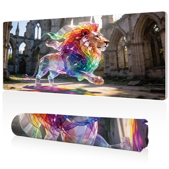LIVEKEY Extra Large Mouse Pad Rainbow Crystal Lion Ancient Ruins 80x40x0.3cm Full Desk Coverage Non Slip Durable Easy Clean Stitched Edges for Gaming and Office