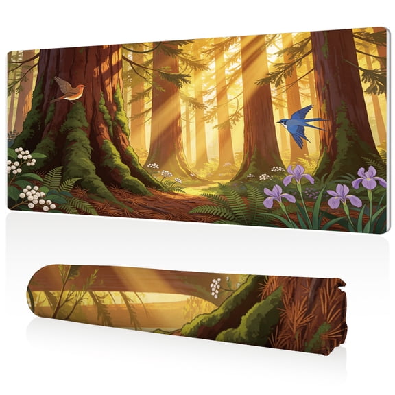 LIVEKEY Forest Sunlight Mouse Pad 80x40x0.3cm Extra Large Full Desk Coverage with Trees Birds and Flowers Non Slip Durable Easy Clean Stitched Edges for Gaming and Office