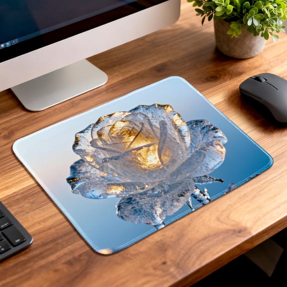 LIVEKEY Frosted Crystal Rose Design Mouse Pad with Non Slip Rubber Base and Stitched Edges for Gaming and Office Use Desk Mat Size 26x21cm Blue White Gold Decor