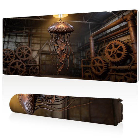 LIVEKEY Industrial Jellyfish Mouse Pad 80x40x0.3cm Extra Large Full Desk Coverage with Ornate Metal Chandelier and Gear Design Non Slip Durable Easy Clean Stitched Edges for Gaming Office