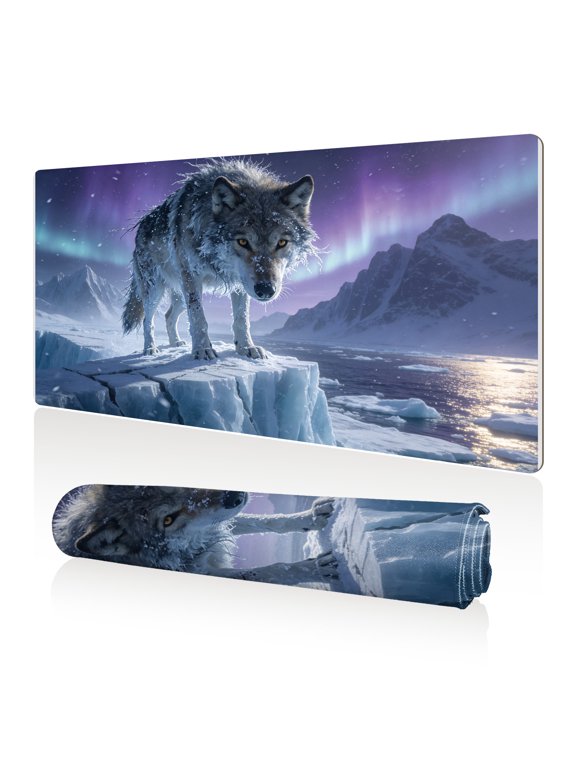 Mouse Pad 80x40cm Extra Large Non Slip Stitched Durable Easy Clean Arctic Wolf Aurora Ice Cliff for Gaming Office