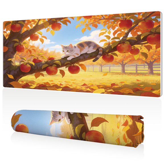 LIVEKEY Mouse Pad 80x40cm Extra Large Non Slip Stitched Durable Easy Clean Autumn Apple Tree Cat Resting Pattern for Gaming Office