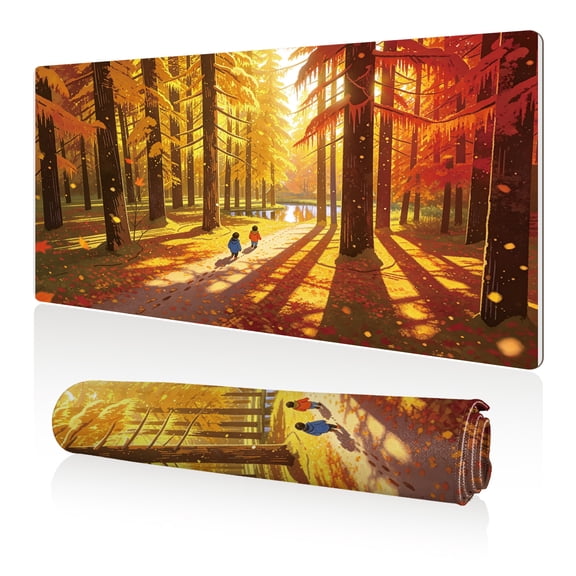 LIVEKEY Mouse Pad 80x40cm Extra Large Non Slip Stitched Durable Easy Clean Autumn Forest with Two Kids Walking on Path for Gaming Office