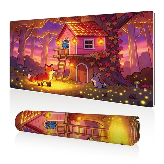 LIVEKEY Mouse Pad 80x40cm Extra Large Non Slip Stitched Durable Easy Clean Autumn Treehouse Fox Rabbit Owl Fireflies for Gaming Office