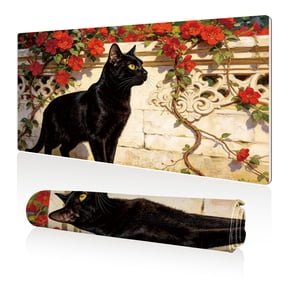 LIVEKEY Mouse Pad 80x40cm Extra Large Non Slip Stitched Durable Easy Clean Black Cat Red Flowers Stone Wall for Gaming Office