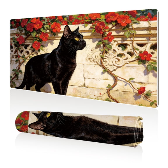 LIVEKEY Mouse Pad 80x40cm Extra Large Non Slip Stitched Durable Easy Clean Black Cat Red Flowers Stone Wall for Gaming Office