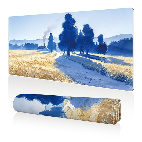 LIVEKEY Mouse Pad 80x40cm Extra Large Non Slip Stitched Durable Easy Clean Blue Trees Wheat Field Path House for Gaming Office