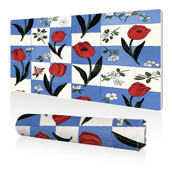 LIVEKEY Mouse Pad 80x40cm Extra Large Non Slip Stitched Durable Easy Clean Blue White Tile Red Tulips Floral Pattern for Gaming Office