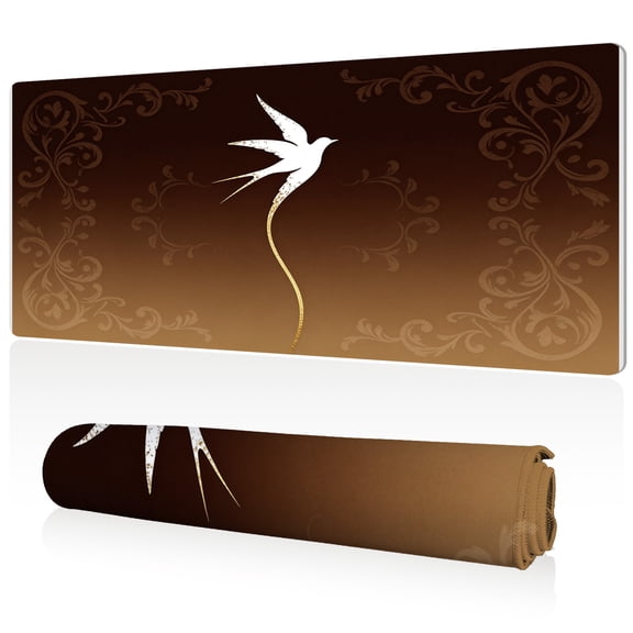 LIVEKEY Mouse Pad 80x40cm Extra Large Non Slip Stitched Durable Easy Clean Brown Gradient Floral Bird Gold Tail for Gaming Office