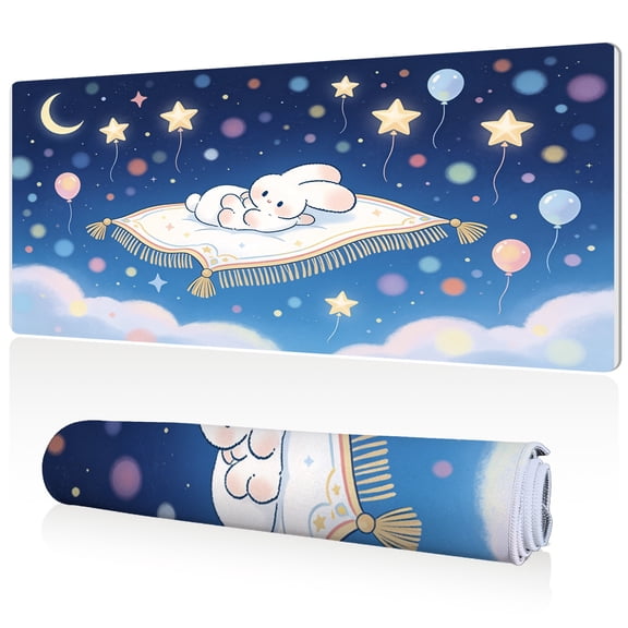 LIVEKEY Mouse Pad 80x40cm Extra Large Non Slip Stitched Durable Easy Clean Bunny Flying Carpet Stars Moon Balloons for Gaming Office