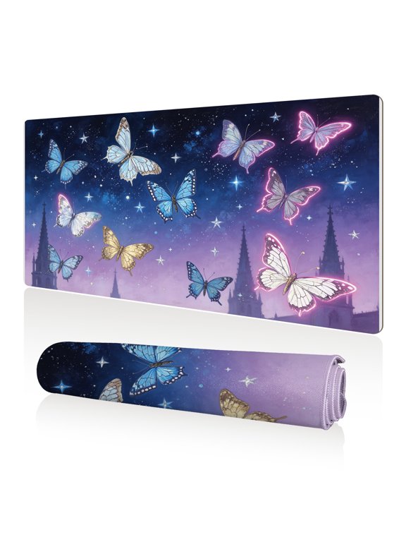 Mouse Pad 80x40cm Extra Large Non Slip Stitched Durable Easy Clean Butterflies Castle Starry Sky for Gaming Office