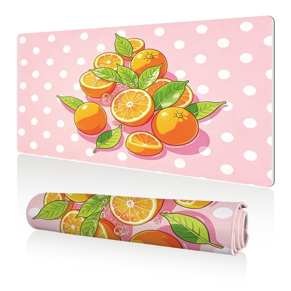 LIVEKEY Mouse Pad 80x40cm Extra Large Non Slip Stitched Durable Easy Clean Cartoon Oranges with Green Leaves on Pink Polka Dot Pattern for Gaming Office