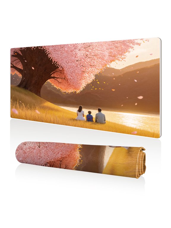 Mouse Pad 80x40cm Extra Large Non Slip Stitched Durable Easy Clean Cherry Blossom Family Lake for Gaming Office