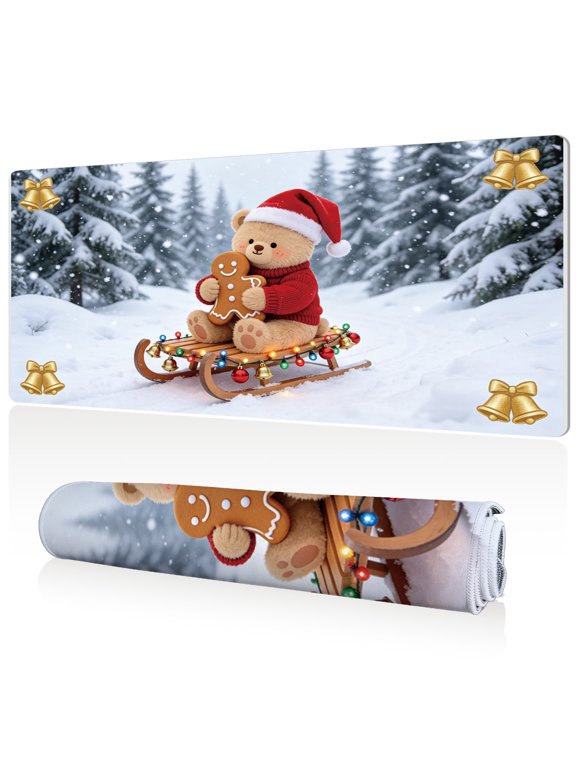 Mouse Pad 80x40cm Extra Large Non Slip Stitched Durable Easy Clean Christmas Teddy Bear Sleigh Gingerbread Cookies for Gaming Office