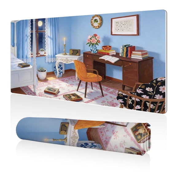 LIVEKEY Mouse Pad 80x40cm Extra Large Non Slip Stitched Durable Easy Clean Cozy Bedroom Blue Walls Floral Rug Desk for Gaming Office