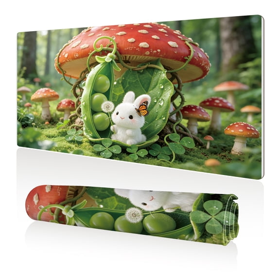 LIVEKEY Mouse Pad 80x40cm Extra Large Non Slip Stitched Durable Easy Clean Cute Bunny in Pea Pod Mushroom Forest for Gaming Office