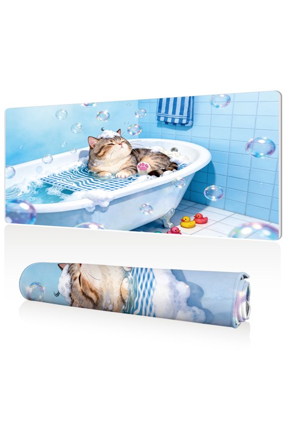 Mouse Pad 80x40cm Extra Large Non Slip Stitched Durable Easy Clean Cute Cat Bathing Bubble Duck Pattern for Gaming Office
