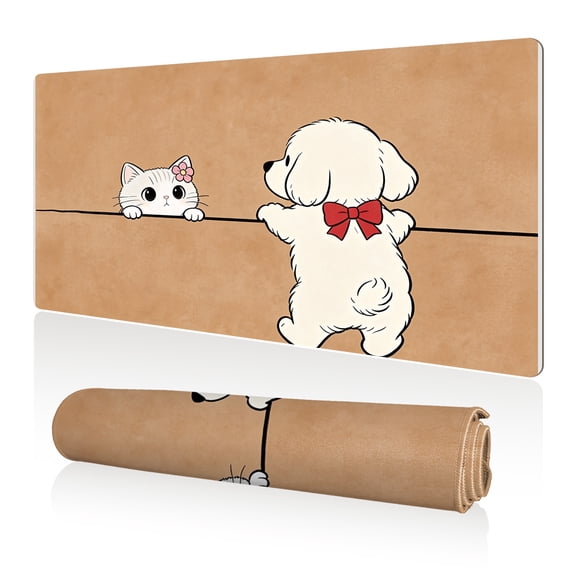 LIVEKEY Mouse Pad 80x40cm Extra Large Non Slip Stitched Durable Easy Clean Cute Cat Dog Brown Background for Gaming Office
