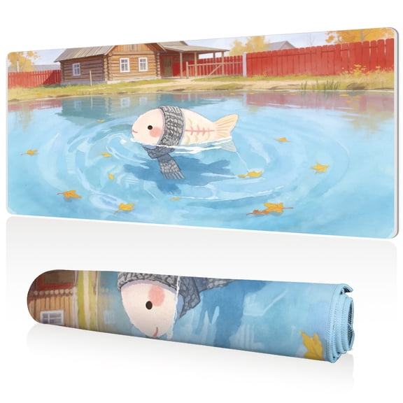 LIVEKEY Mouse Pad 80x40cm Extra Large Non Slip Stitched Durable Easy Clean Cute Fish Swimming Autumn Lake Cabin for Gaming Office