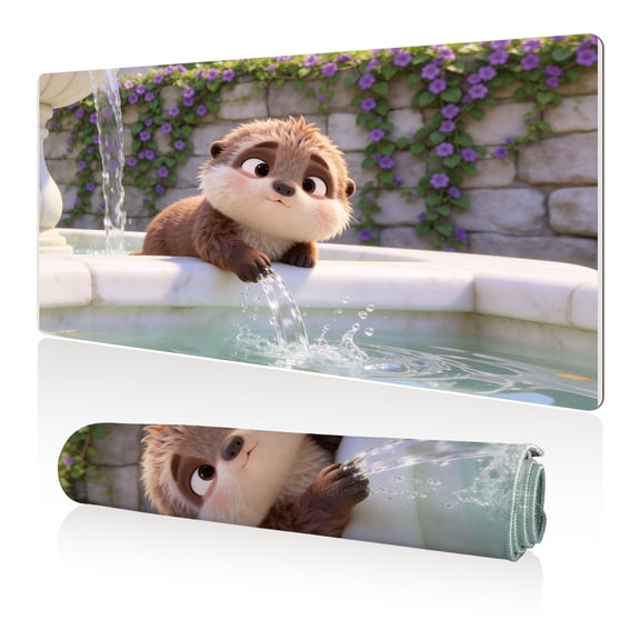 LIVEKEY Mouse Pad 80x40cm Extra Large Non Slip Stitched Durable Easy Clean Cute Otter Playing with Fountain Purple Flowers Stone Wall for Gaming Office